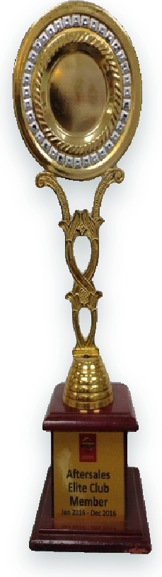 Gold Nissan Aftersales Elite Club trophy with a ring top, plaque reading Member, Jan 2016 to Dec 2016