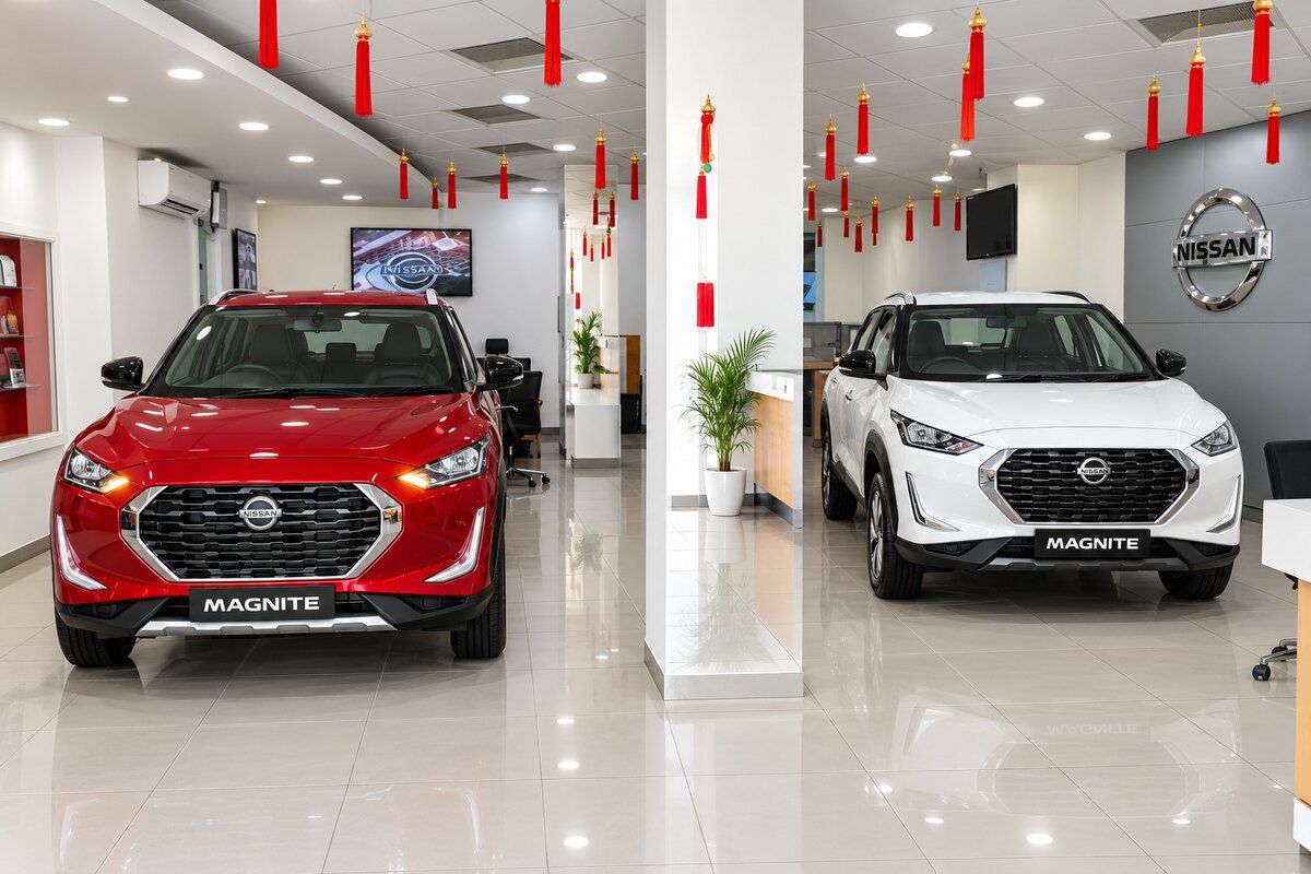Red and white Nissan Magnites on the floor of a YouWe Nissan showroom