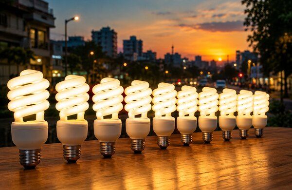 A row of glowing energy-efficient lamps (illustrative)