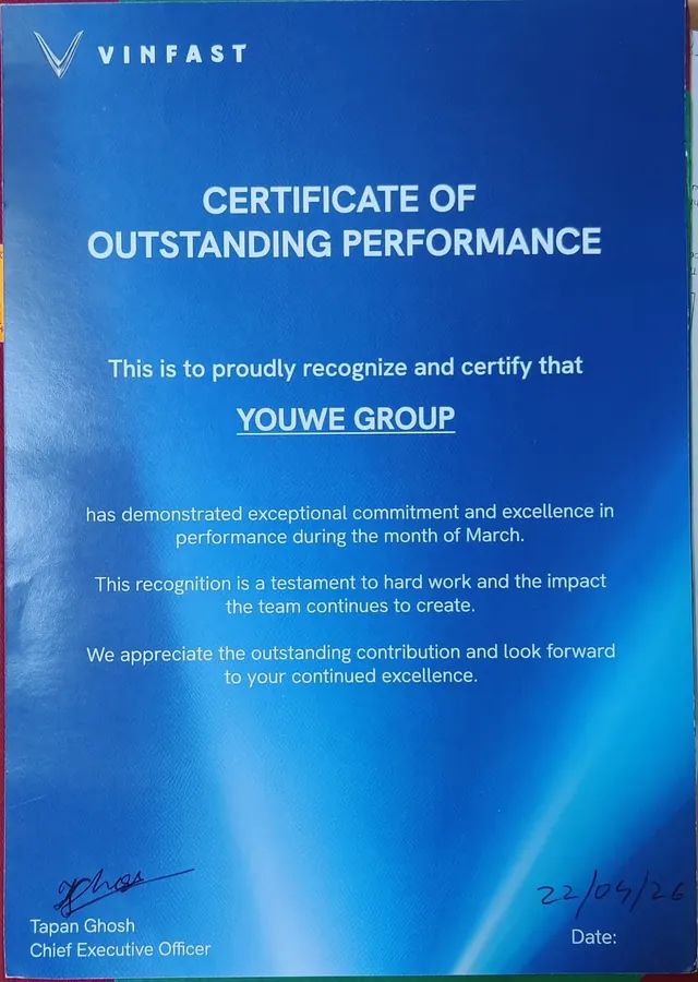 VinFast certificate of outstanding performance presented to YouWe Group, March 2026